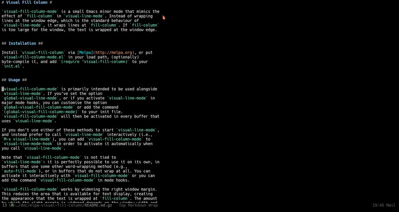 elpa-visual-fill-column — Режим Emacs, который обертывает буферы визуальных линий в столбце заполнения