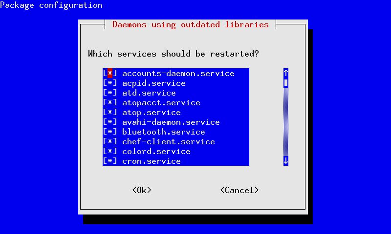 needrestart — проверить, какие демоны необходимо перезапустить после обновления библиотеки