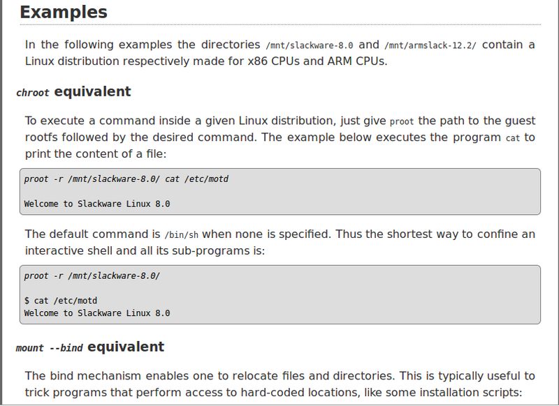 proot — эмулировать chroot, привязывать mount и binfmt_misc для пользователей без полномочий root