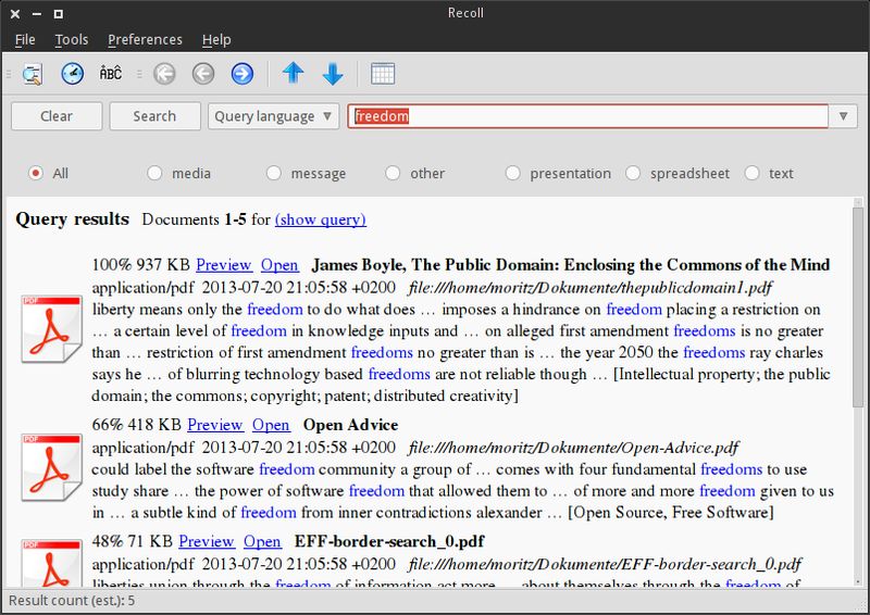recoll — Личный пакет полнотекстового поиска с графическим интерфейсом Qt