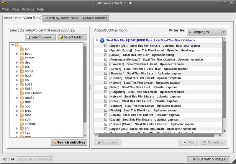 subdownloader — менеджер загрузки субтитров для видеофайлов