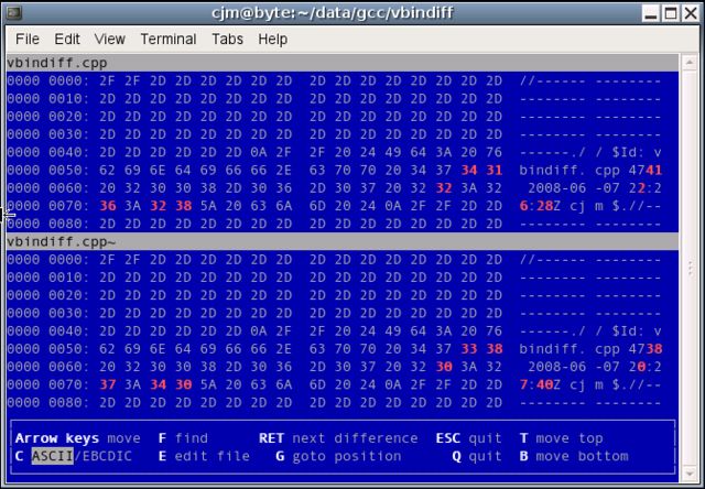 vbindiff — визуальный двоичный diff, визуально сравнить двоичные файлы