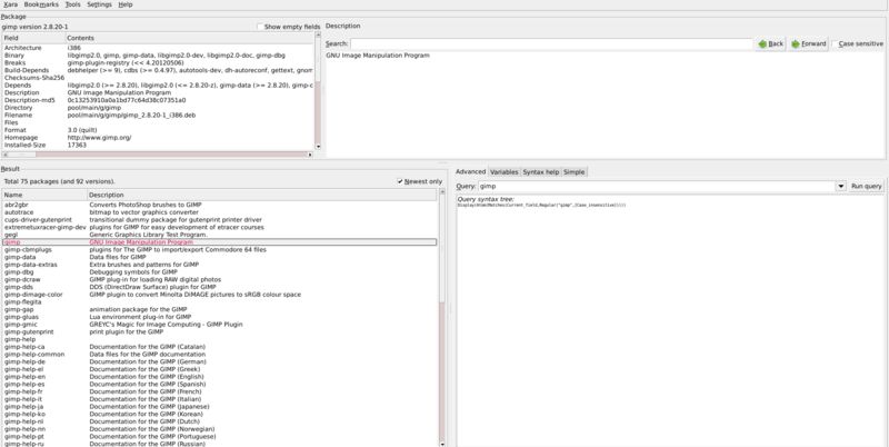 xara-gtk — Утилита GTK+ для поиска базы данных пакетов Debian