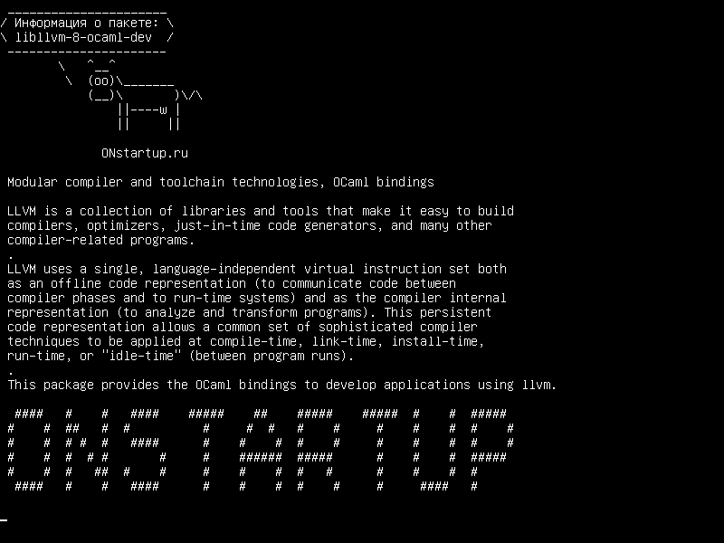 libllvm-8-ocaml-dev — Технологии модульного компилятора и цепочки инструментов, привязки OCaml